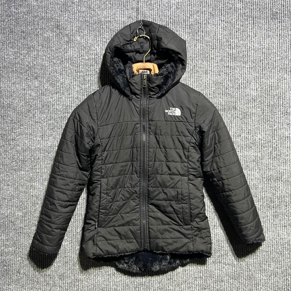 The North Face Puffer Jacket Girls S 7/8 Black Hooded Faux Fur Quilted Coat
